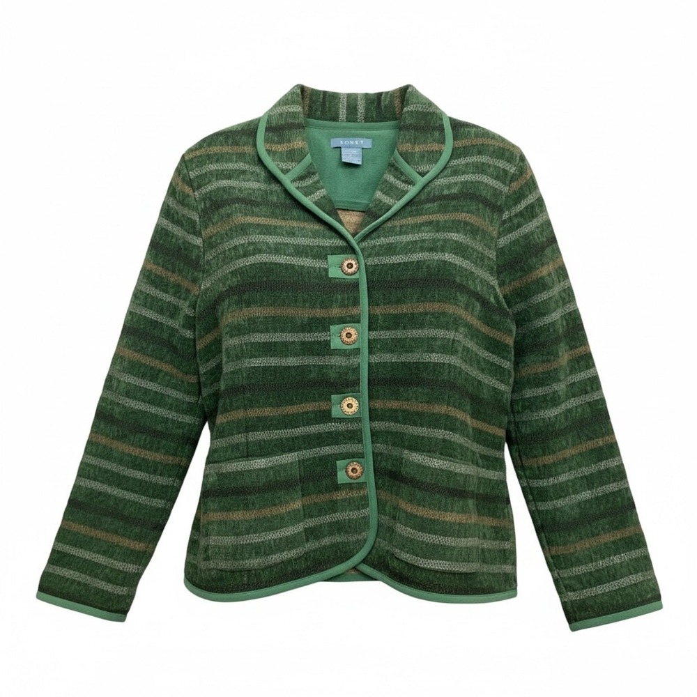 Koret Green Striped Button Front Cardigan Jacket Textured Knit Women Large